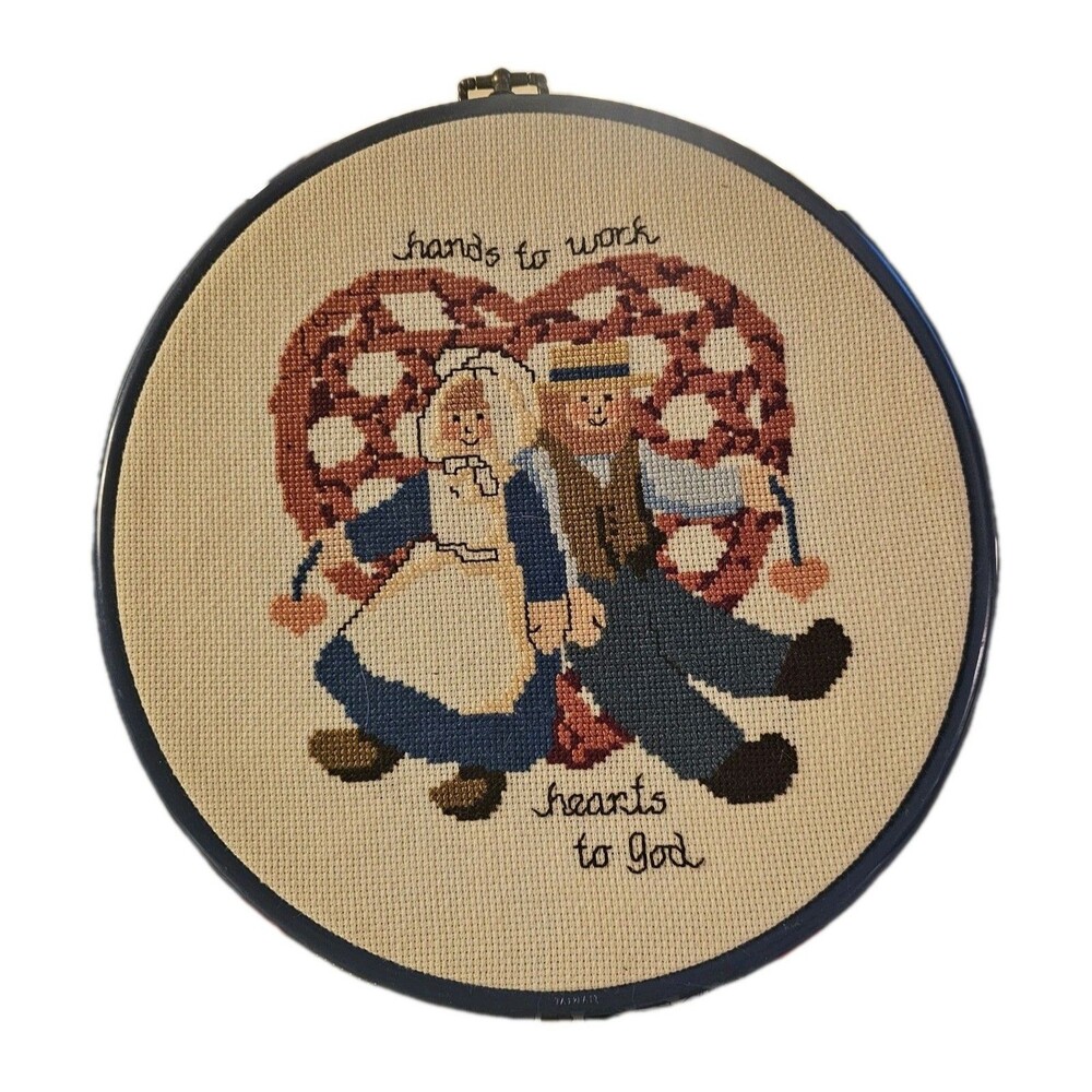 Vtg Round Cross Stitch Hands to Work Hearts to God Wall Hanging Amish Country '